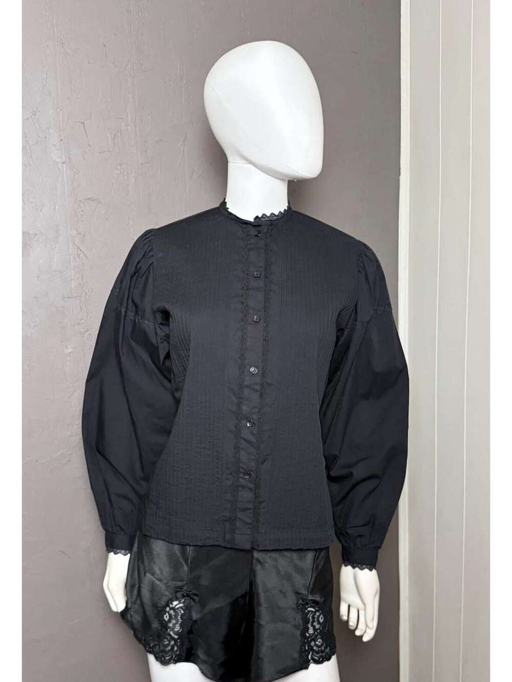 1970's Victorian Blouse Black Balloon Sleeves Pleated Front from College Town M